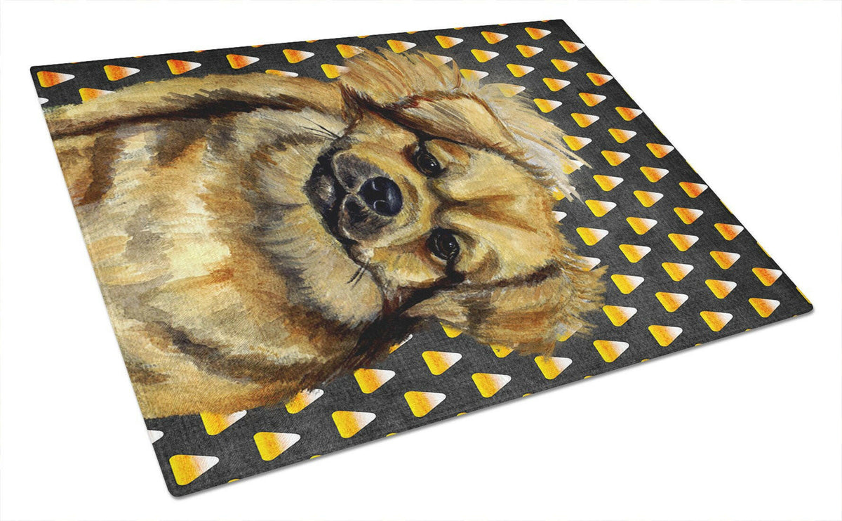Tibetan Spaniel Candy Corn Halloween Portrait Cutting Board Tempered Glass Kitchen Cutting Surface, Heat Resistant Chopping, Non-Slip Feet, Food Prep & Serving