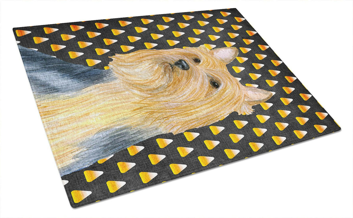 Silky Terrier Candy Corn Halloween Portrait Cutting Board Tempered Glass Kitchen Cutting Surface, Heat Resistant Chopping, Non-Slip Feet, Food Prep & Serving