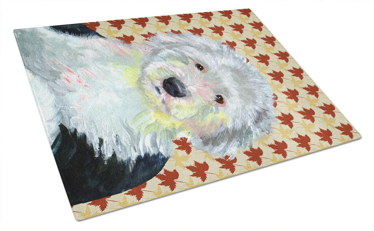 Old English Sheepdog Fall Leaves Portrait Cutting Board Tempered Glass Kitchen Cutting Surface, Heat Resistant Chopping, Non-Slip Feet, Food Prep & Serving