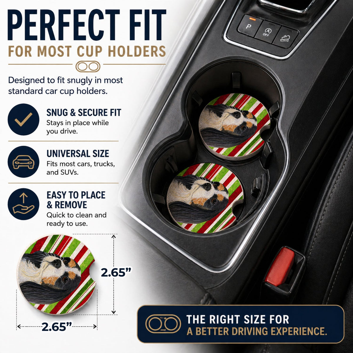 Cavalier Spaniel Candy Cane Holiday Christmas Set of 2 Cup Holder Car Coasters Absorbent Round Sandstone Coasters Gifts for Men or Women, 2.5, Multicolor