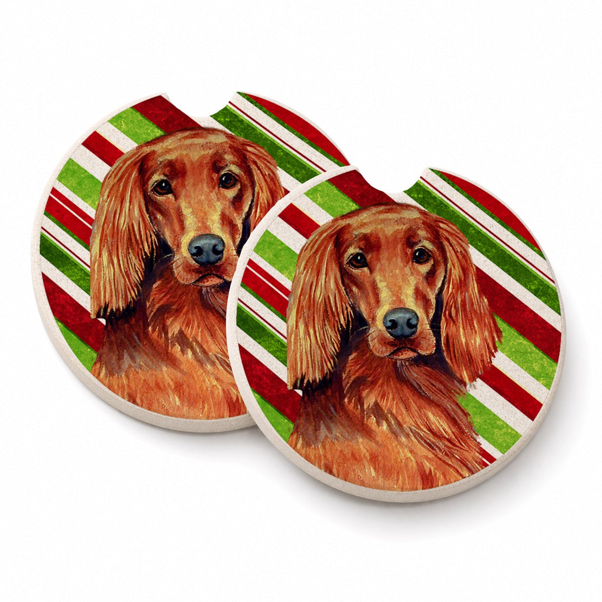 Irish Setter Candy Cane Holiday Christmas Set of 2 Cup Holder Car Coasters Absorbent Round Sandstone Coasters Gifts for Men or Women, 2.5, Multicolor