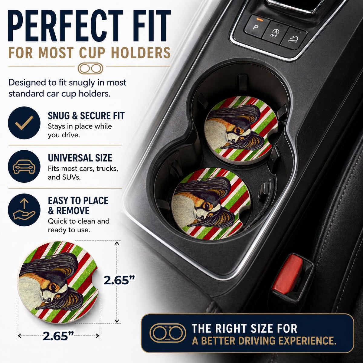 Papillon Candy Cane Holiday Christmas Set of 2 Cup Holder Car Coasters Absorbent Round Sandstone Coasters Gifts for Men or Women, 2.5, Multicolor