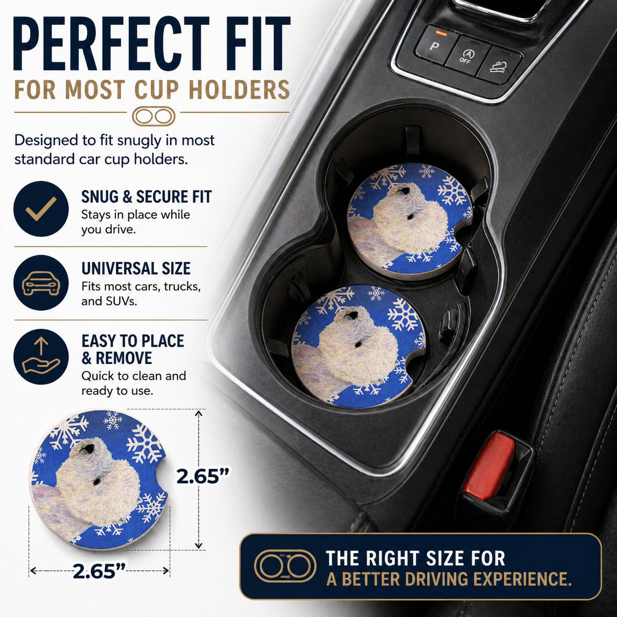 Westie Winter Snowflakes Holiday Set of 2 Cup Holder Car Coasters Absorbent Round Sandstone Coasters Gifts for Men or Women, 2.5, Multicolor
