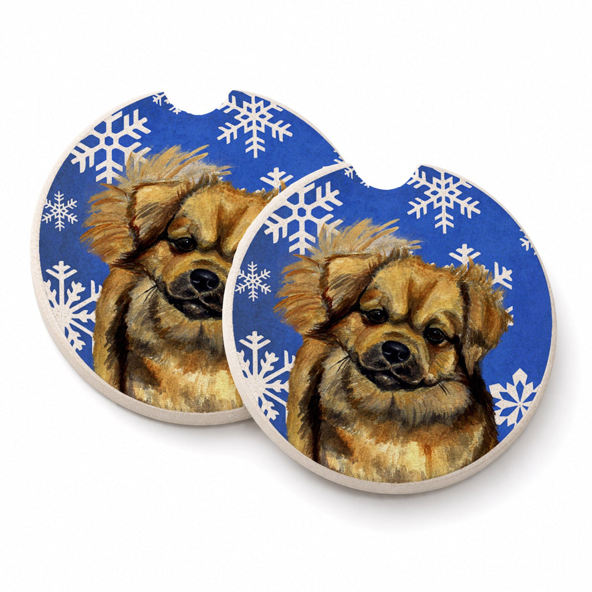 Tibetan Spaniel Winter Snowflakes Holiday Set of 2 Cup Holder Car Coasters Absorbent Round Sandstone Coasters Gifts for Men or Women, 2.5, Multicolor
