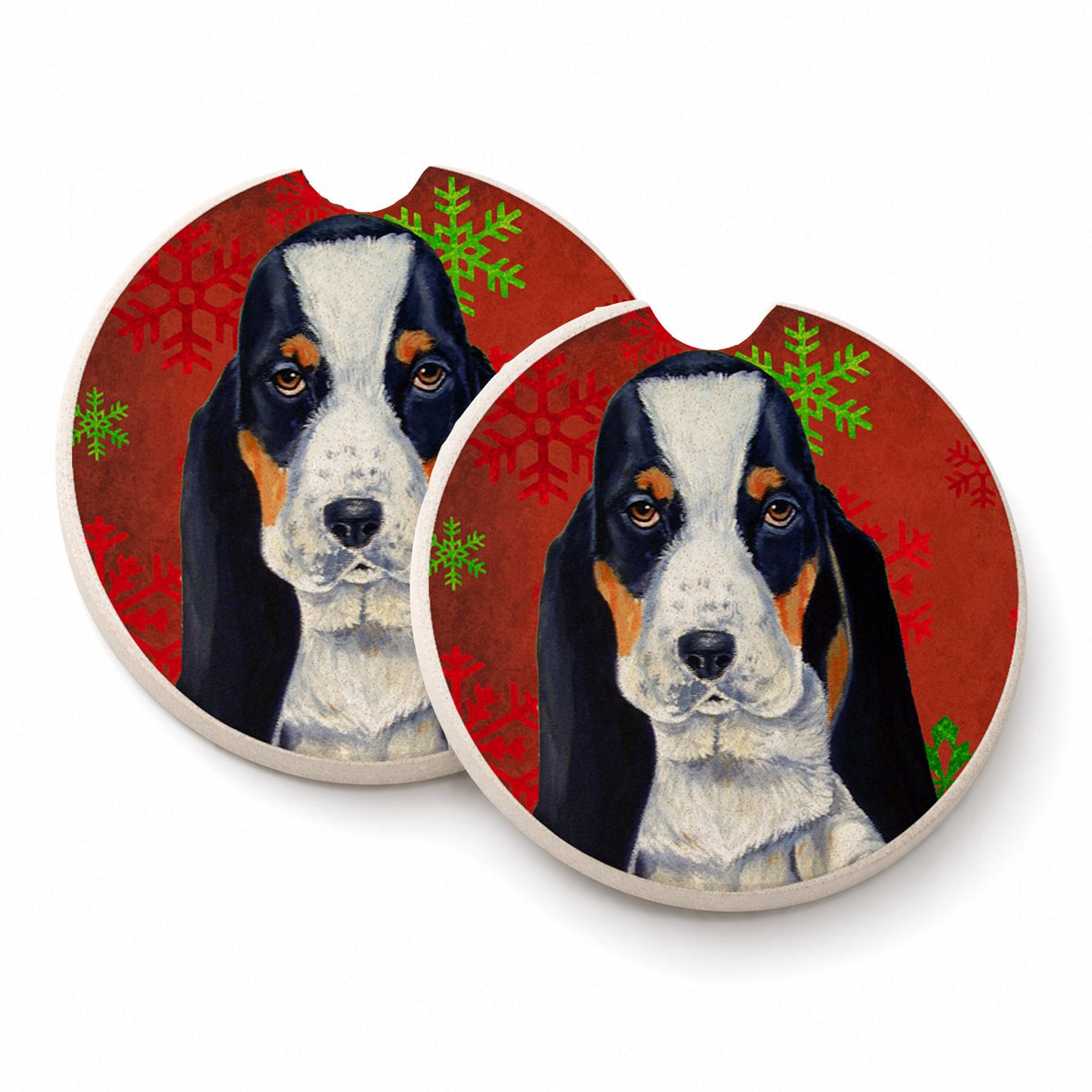 Basset Hound Red and Green Snowflakes Holiday Christmas Set of 2 Cup Holder Car Coasters Absorbent Round Sandstone Coasters Gifts for Men or Women, 2.5, Multicolor