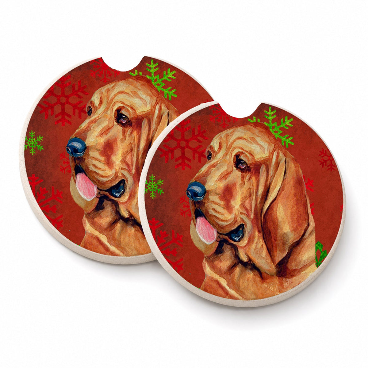 Bloodhound Red and Green Snowflakes Holiday Christmas Set of 2 Cup Holder Car Coasters Absorbent Round Sandstone Coasters Gifts for Men or Women, 2.5, Multicolor