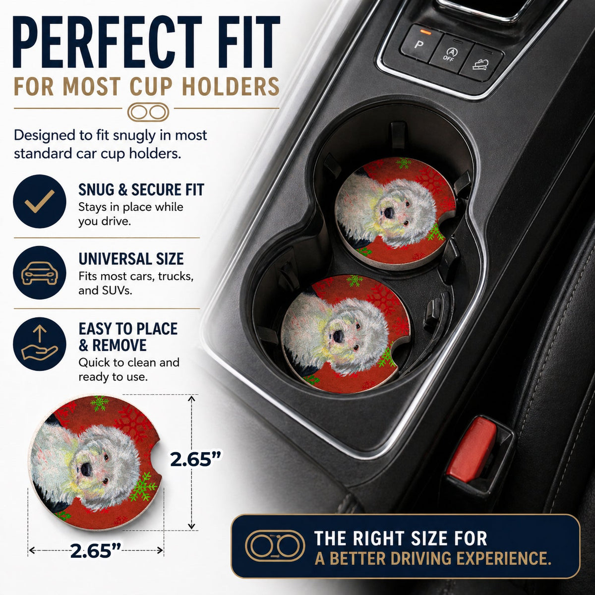 Old English Sheepdog Red  Green Snowflakes Holiday Christmas Set of 2 Cup Holder Car Coasters Absorbent Round Sandstone Coasters Gifts for Men or Women, 2.5, Multicolor