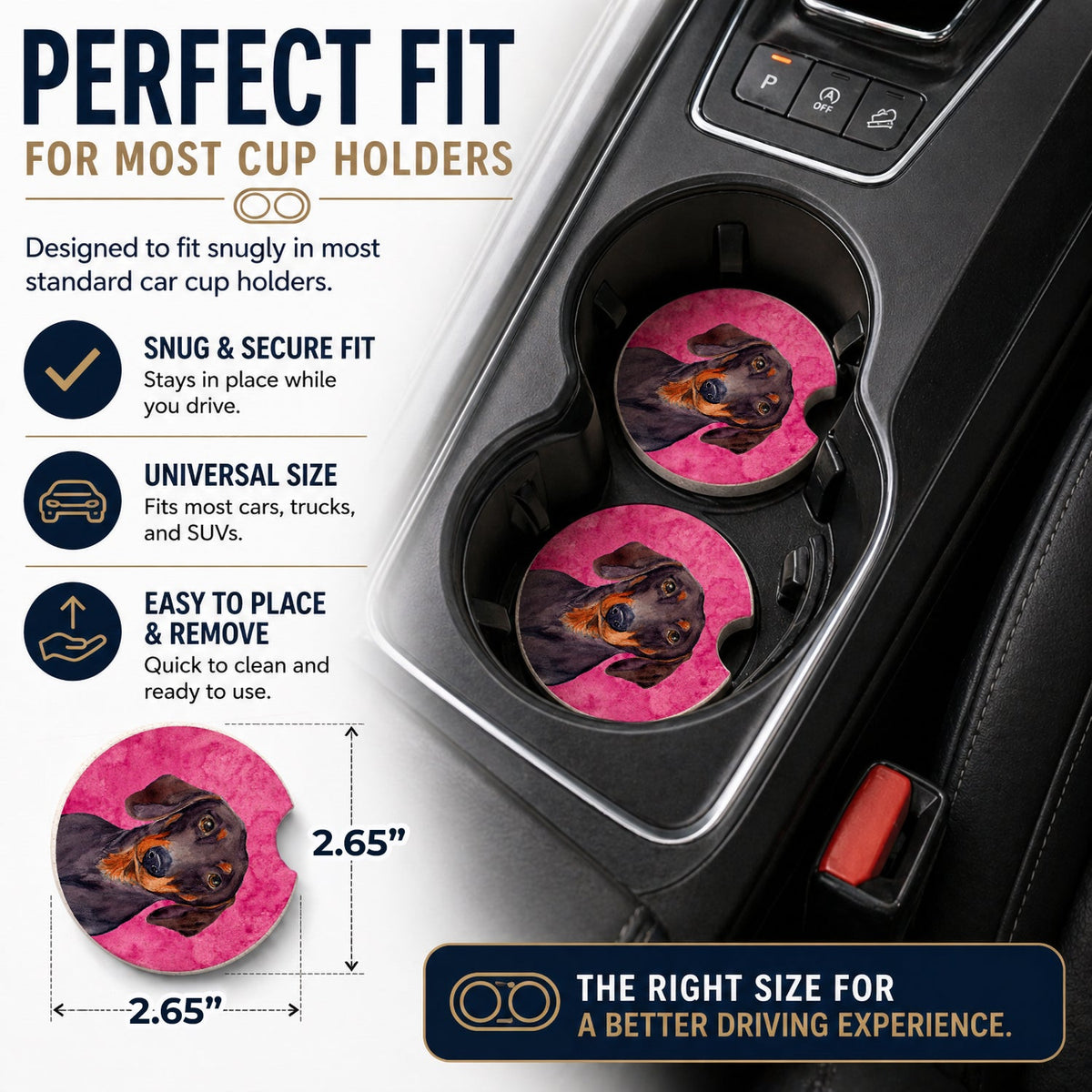 Pink Dachshund Set of 2 Cup Holder Car Coasters Absorbent Round Sandstone Coasters Gifts for Men or Women, 2.5, Multicolor
