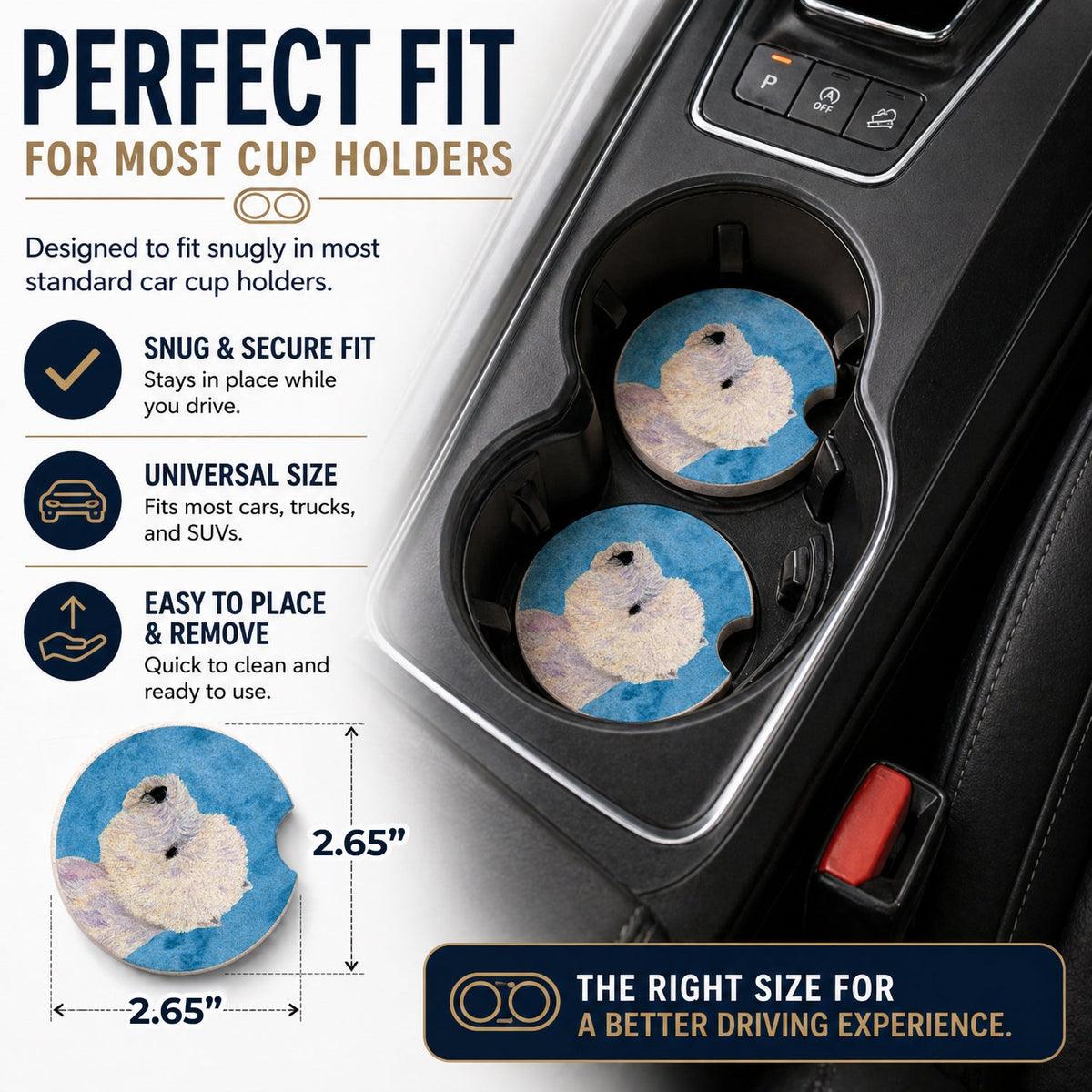Blue Westie Set of 2 Cup Holder Car Coasters Absorbent Round Sandstone Coasters Gifts for Men or Women, 2.5, Multicolor