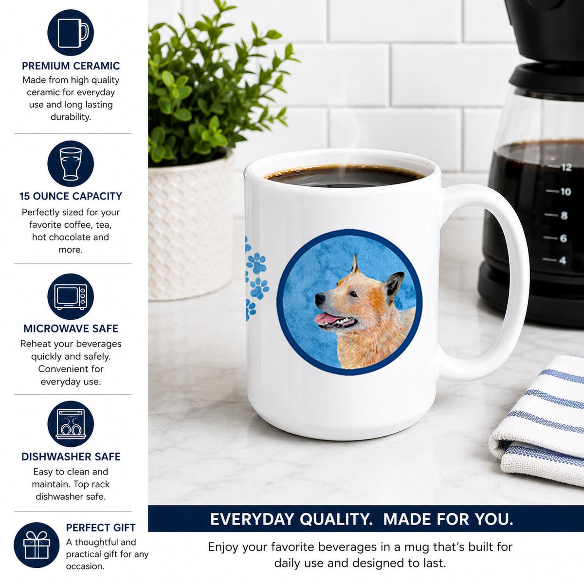 Blue Australian Cattle Dog Ceramic Coffee Mug 15 oz Decorative Large C Handle Mug Cup for Tea, Cocoa Hot Chocolate