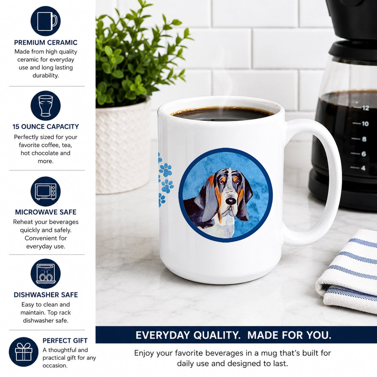 Blue Basset Hound Ceramic Coffee Mug 15 oz Decorative Large C Handle Mug Cup for Tea, Cocoa Hot Chocolate