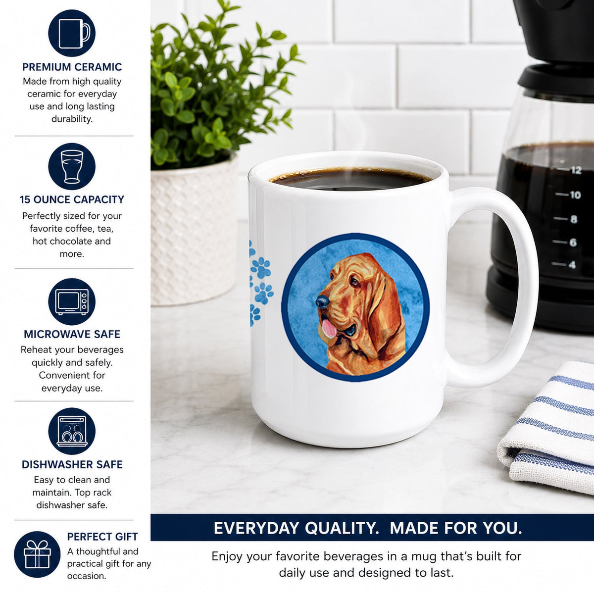 Blue Bloodhound Ceramic Coffee Mug 15 oz Decorative Large C Handle Mug Cup for Tea, Cocoa Hot Chocolate