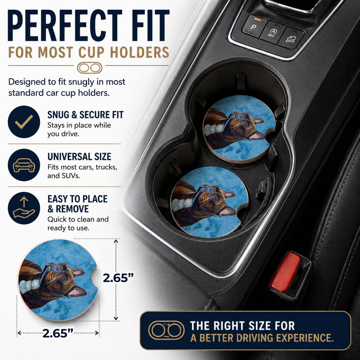 Blue French Bulldog Set of 2 Cup Holder Car Coasters Absorbent Round Sandstone Coasters Gifts for Men or Women, 2.5, Multicolor