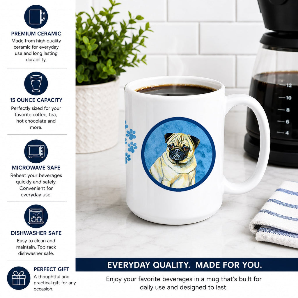 Blue Pug Ceramic Coffee Mug 15 oz Decorative Large C Handle Mug Cup for Tea, Cocoa Hot Chocolate