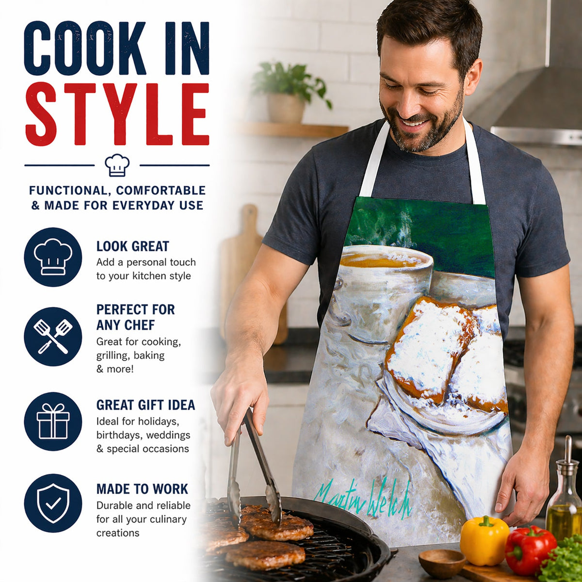 Beingets Breakfast Delight Apron Cooking Kitchen Server Baking Crafts Gardening for Adult Women Men, Unisex, Large, Multicolor