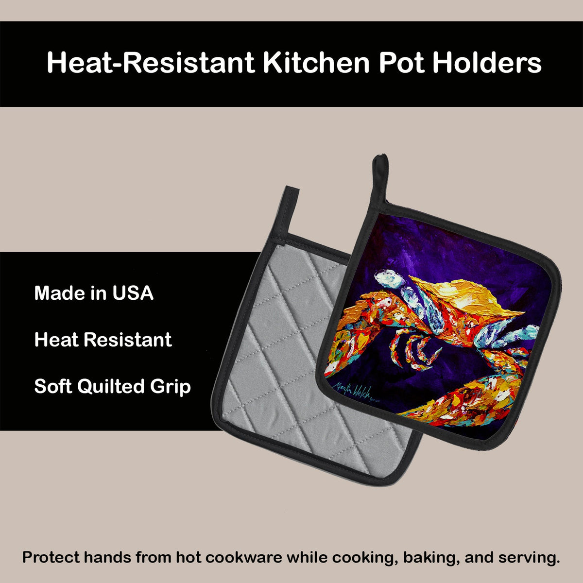 Crab The Right Stuff  Pot Holder Set of 2 Heat Resistant Quilted Hot Pads 7.5 x 7.5 Inch, Insulated Kitchen Trivets for Cooking & Baking