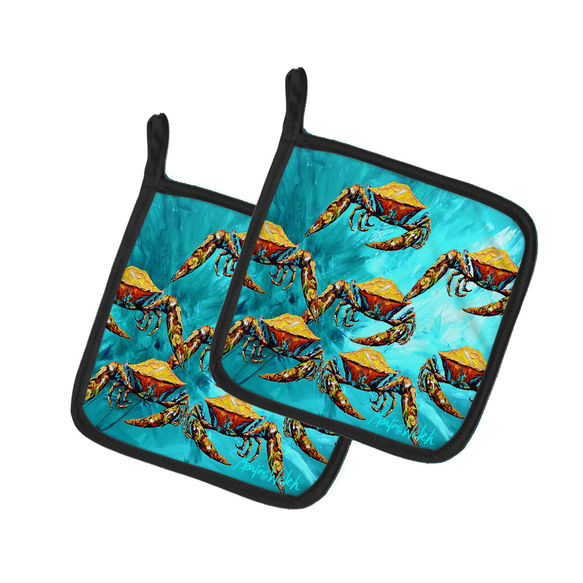 Crab Lotta Crabs Pot Holder Set of 2 Heat Resistant Quilted Hot Pads 7.5 x 7.5 Inch, Insulated Kitchen Trivets for Cooking & Baking