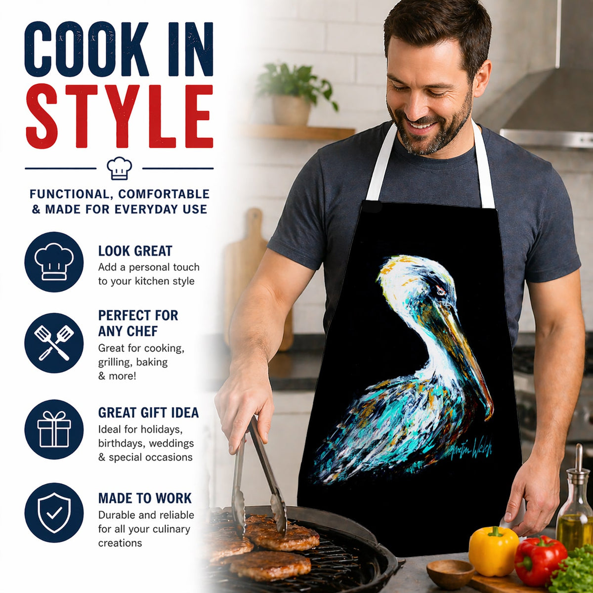 Dressed in Black Pelican Apron Cooking Kitchen Server Baking Crafts Gardening for Adult Women Men, Unisex, Large, Multicolor