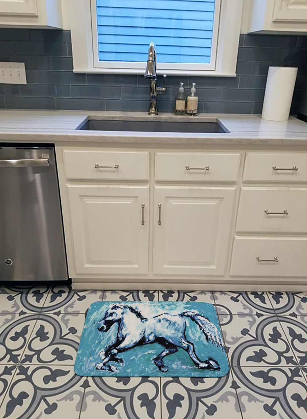 Shadow the Horse in blue Memory Foam Kitchen Mat Machine Washable Anti-Fatigue Cushion Comfort Bath or Kitchen Rug
