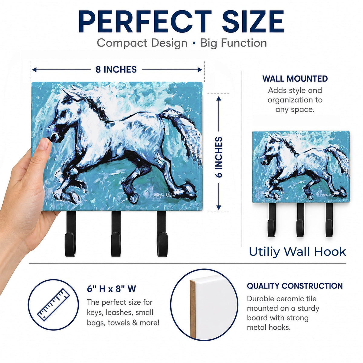 Shadow the Horse in blue Leash or Key Holder Wall Hooks, Coat Rack Wall Mount, for Hanging Keys, Towels, Aprons, Leashes