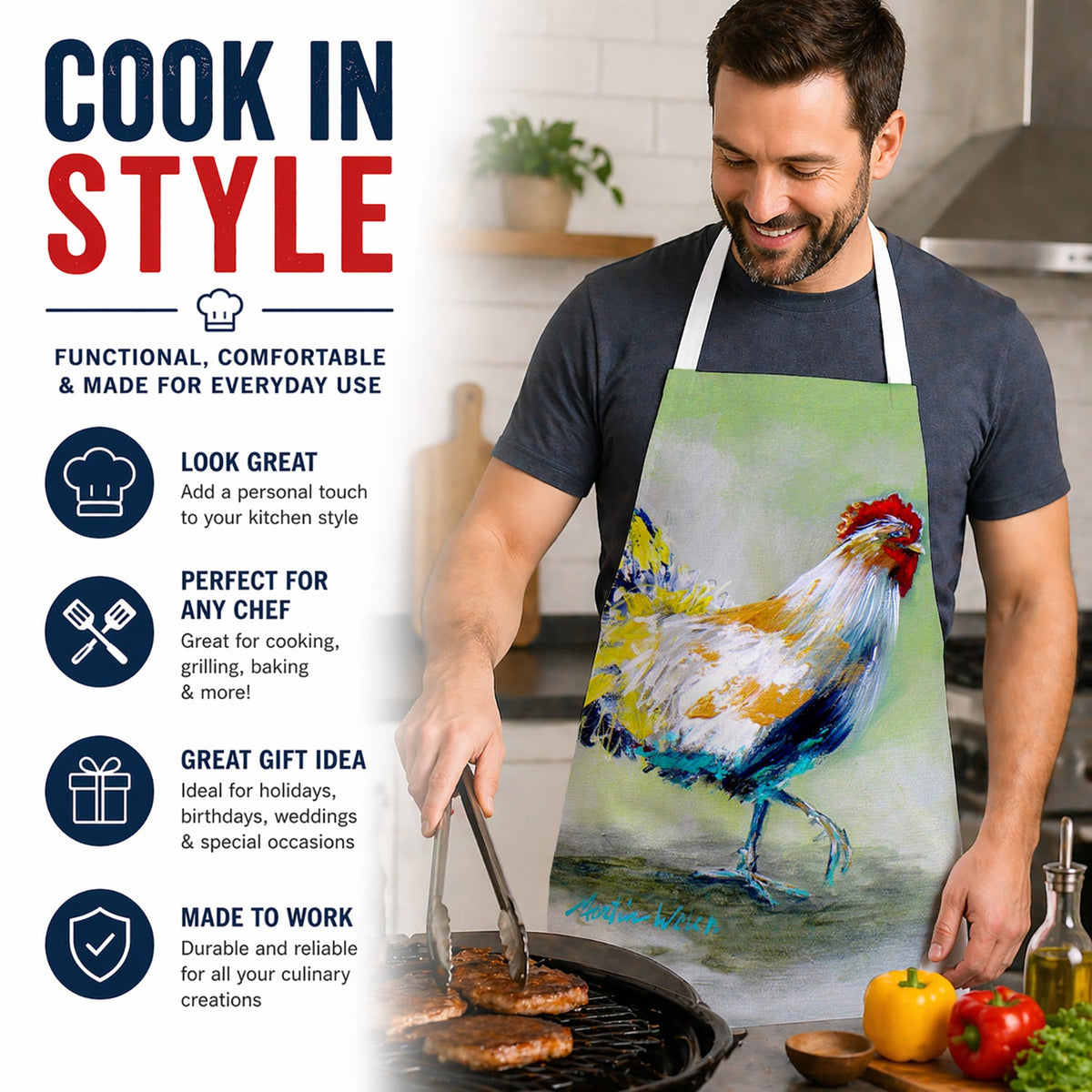 Sunrise Rooster Apron Cooking Kitchen Server Baking Crafts Gardening for Adult Women Men, Unisex, Large, Multicolor