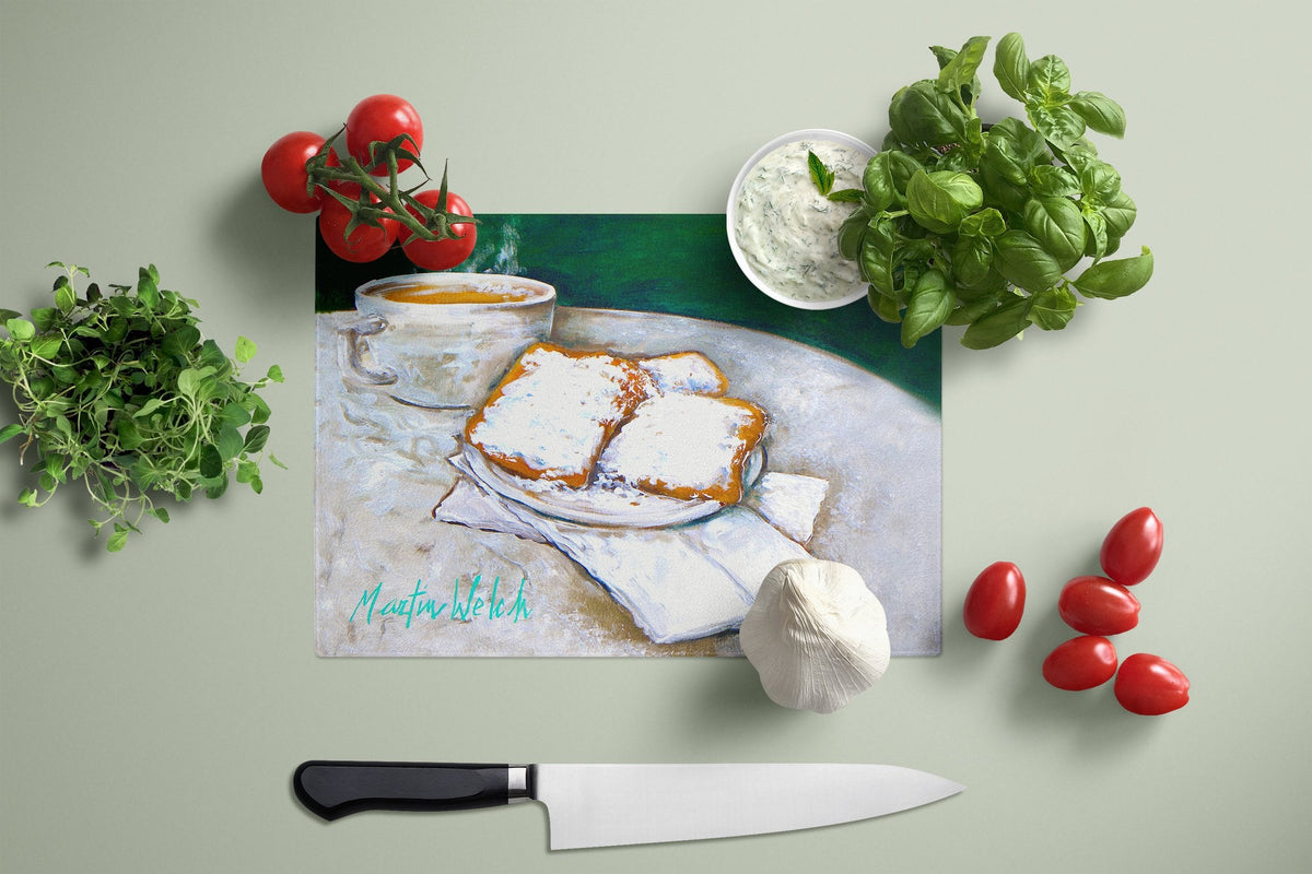 Breakfast Delight Beignets Cutting Board Tempered Glass Kitchen Cutting Surface, Heat Resistant Chopping, Non-Slip Feet, Food Prep & Serving