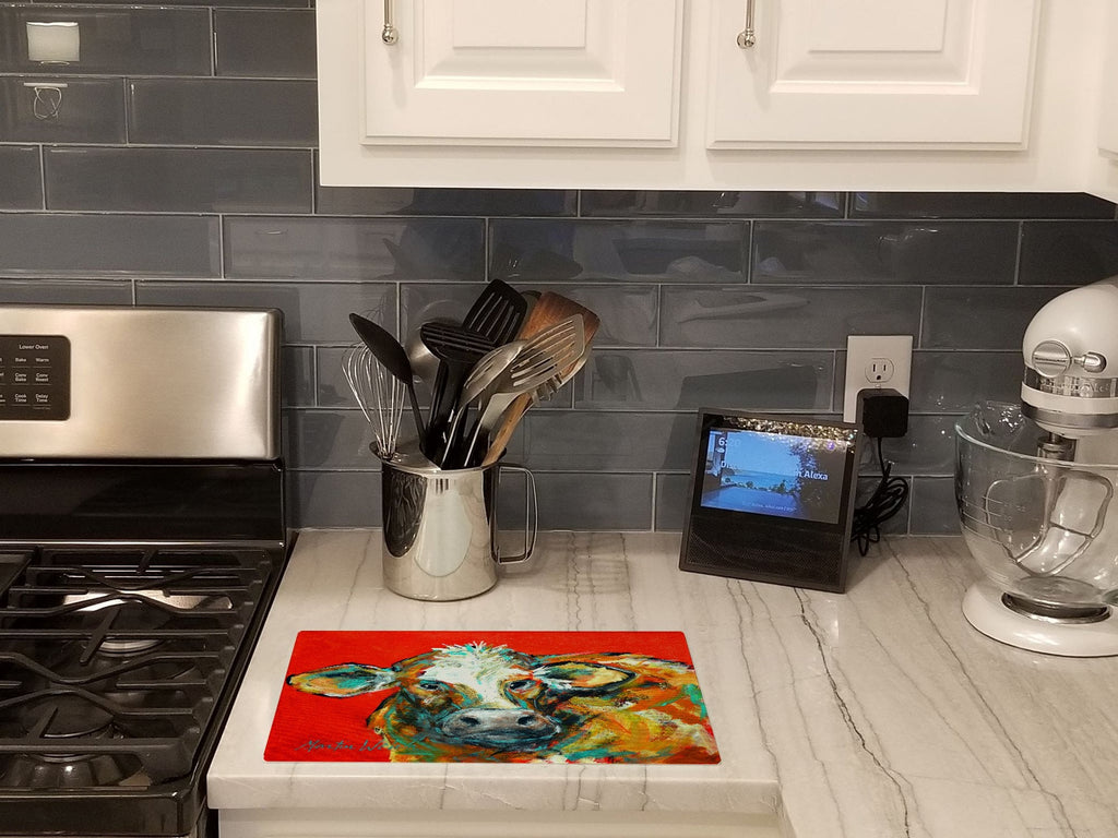 Caught Red Handed Cow Cutting Board Tempered Glass Kitchen Cutting Surface, Heat Resistant Chopping, Non-Slip Feet, Food Prep & Serving