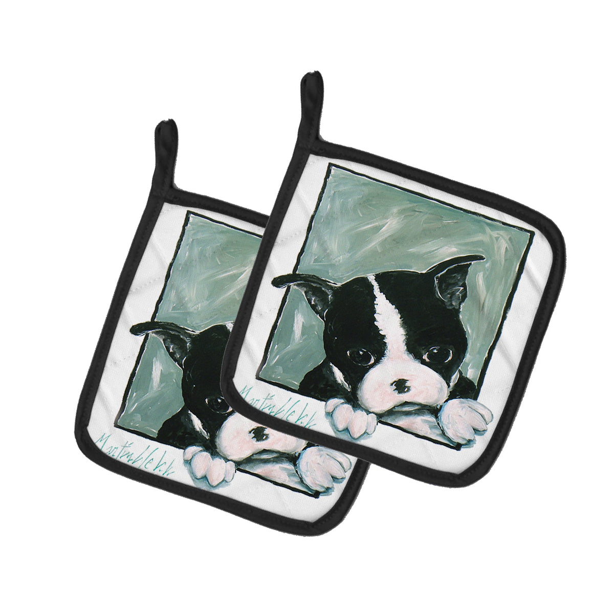 Boston Terrier Don't Leave Me Pot Holder Set of 2 Heat Resistant Quilted Hot Pads 7.5 x 7.5 Inch, Insulated Kitchen Trivets for Cooking & Baking