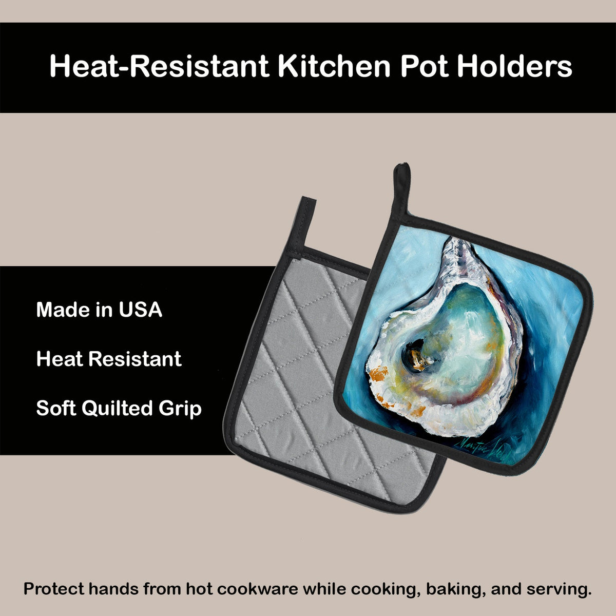 Oyster J Mac Pot Holder Set of 2 Heat Resistant Quilted Hot Pads 7.5 x 7.5 Inch, Insulated Kitchen Trivets for Cooking & Baking
