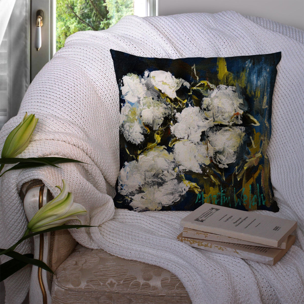 Three Boll Cotton Decorative Throw Pillow 14x14 Indoor Outdoor Accent Cushion, Fabric Cover with Insert for Sofa, Bed, Porch & Living Room