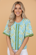 Floral Ruffle Colorblock Trim 3/4 Sleeve Blouse