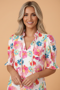 Floral Tie V-Neck Puff Sleeve Blouse