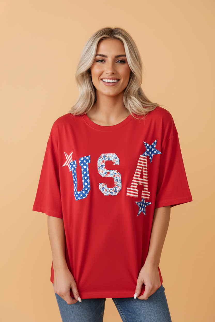 Patriotic USA Patch Embroidered Short Sleeve T-Shirt