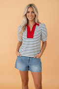 Stripe Colorblock Puff Sleeve Polo Collar Blouse