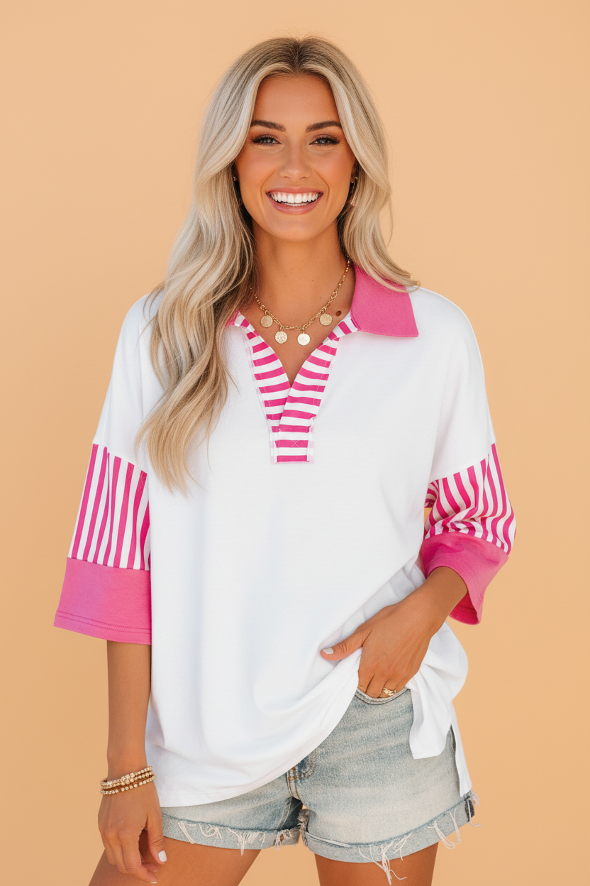 Stripe Coloblock Patchwork Polo Collar 3/4 Sleeve Tee
