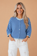 Stripe 3/4 Sleeve Button Down Knit Cardigan