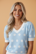 Polka Dot Puff Short Sleeve V-Neck Sweater
