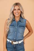 Denim Button Front Collared Sleeveless Vest