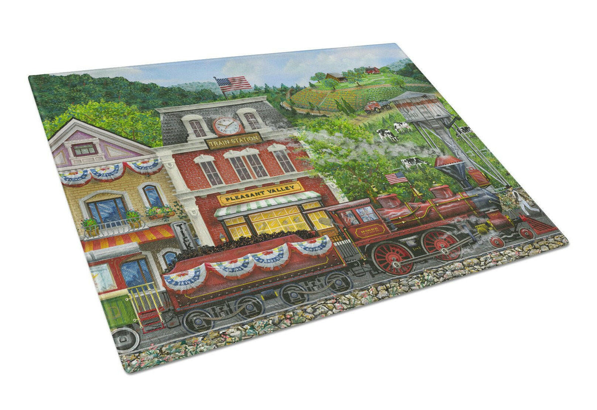 Railroad Train Next Stop Pleasant Valley Cutting Board Tempered Glass Kitchen Cutting Surface, Heat Resistant Chopping, Non-Slip Feet, Food Prep & Serving