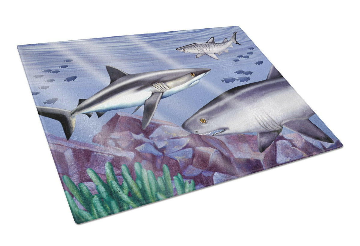 Sharks Cutting Board Tempered Glass Kitchen Cutting Surface, Heat Resistant Chopping, Non-Slip Feet, Food Prep & Serving