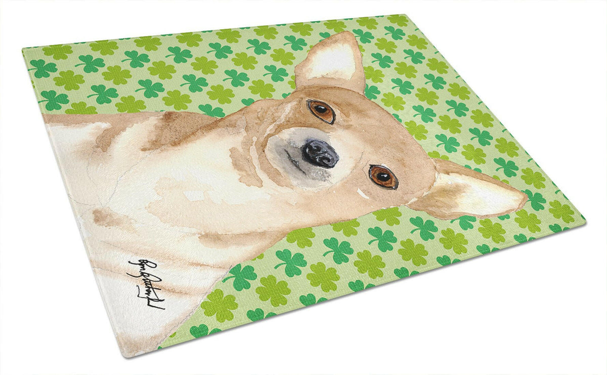 Chihuahua St Patrick's Day Cutting Board Tempered Glass Kitchen Cutting Surface, Heat Resistant Chopping, Non-Slip Feet, Food Prep & Serving