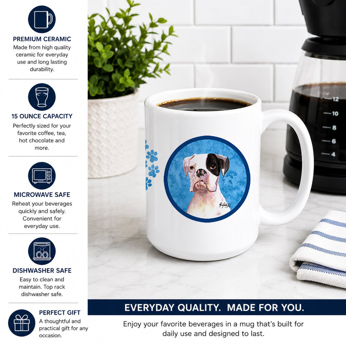 Blue Cooper the Boxer Wipe your Paws Ceramic Coffee Mug 15 oz Decorative Large C Handle Mug Cup for Tea, Cocoa Hot Chocolate