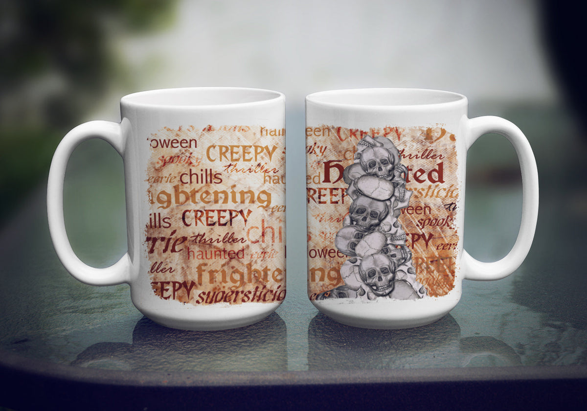 Creepy, Haunted and Frightful with skulls Halloween Ceramic Coffee Mug 15 oz Decorative Large C Handle Mug Cup for Tea, Cocoa Hot Chocolate