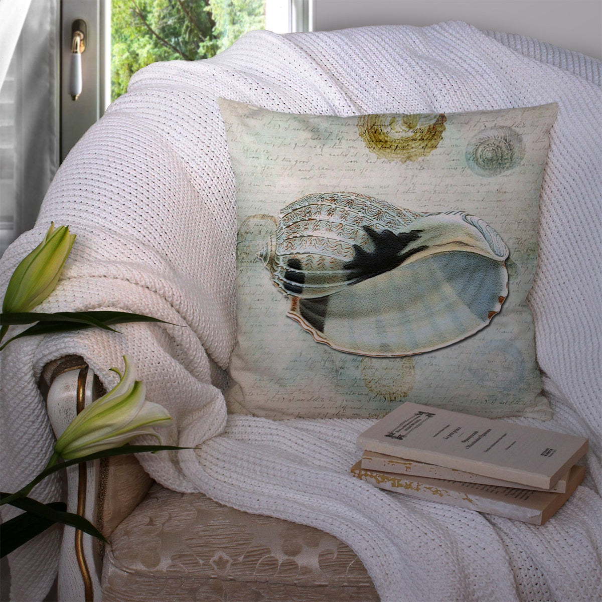 Beach Conch Shell in Blues Decorative Throw Pillow 14x14 Indoor Outdoor Accent Cushion, Fabric Cover with Insert for Sofa, Bed, Porch & Living Room