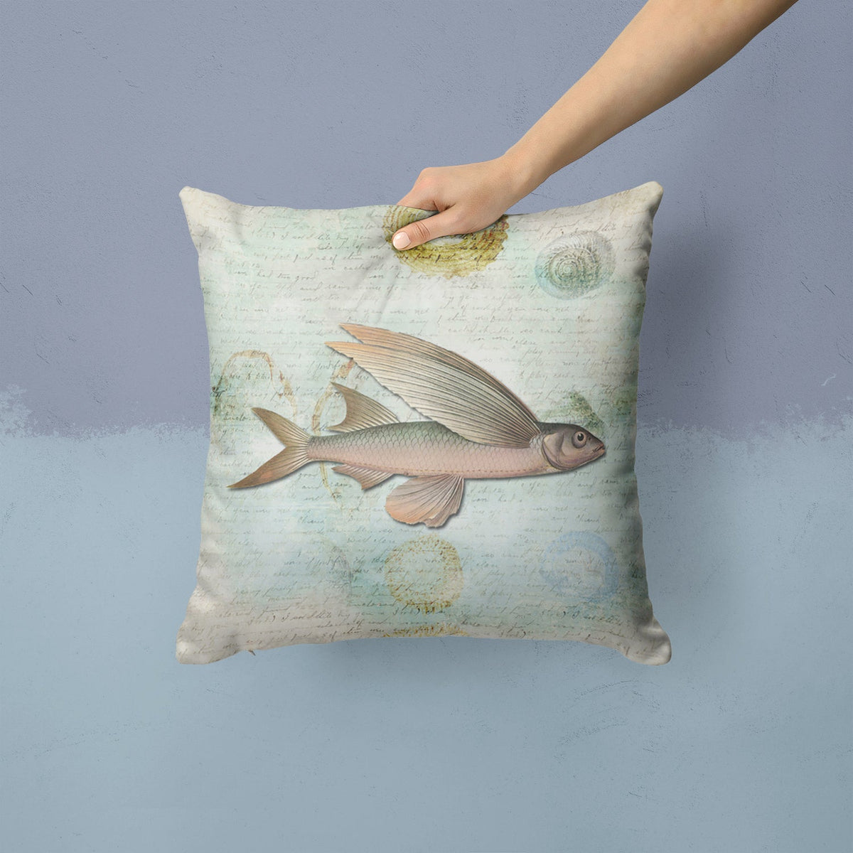 Beach Fly Fish Decorative Throw Pillow 14x14 Indoor Outdoor Accent Cushion, Fabric Cover with Insert for Sofa, Bed, Porch & Living Room