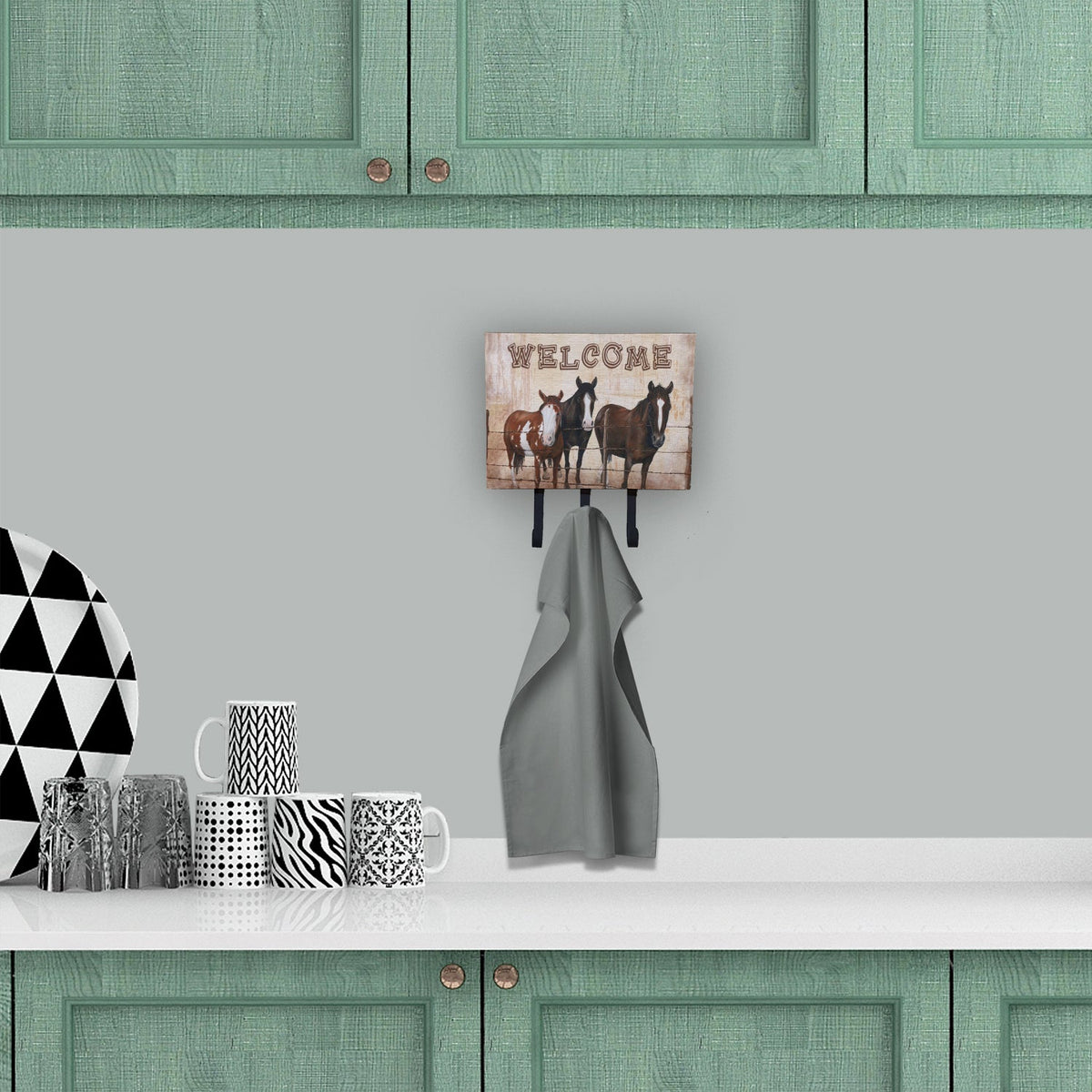 Welcome Mat with Horses Leash or Key Holder Wall Hooks, Coat Rack Wall Mount, for Hanging Keys, Towels, Aprons, Leashes