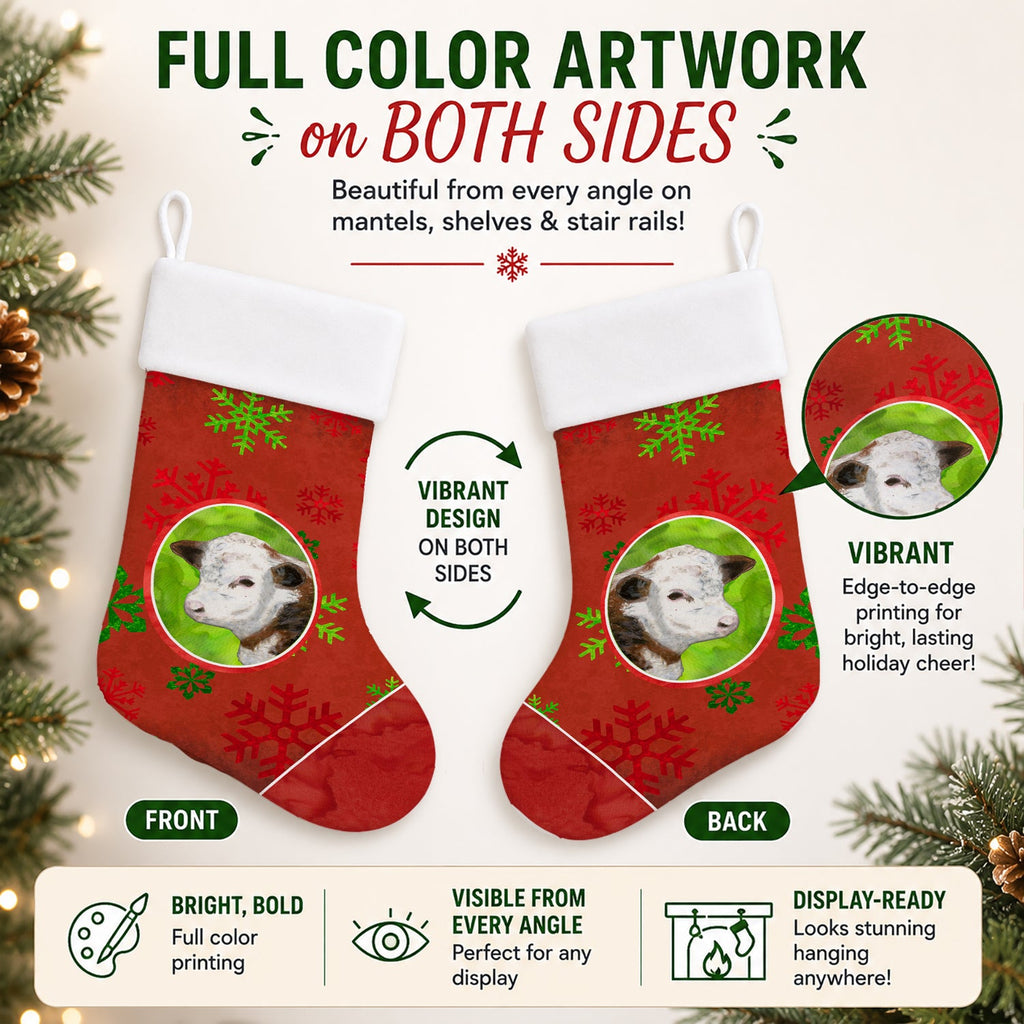 Baby Calf Red Snowflakes Holiday Christmas  Holiday Stocking Double-Sided Print, Polyester Suede,11x18, Made in USA