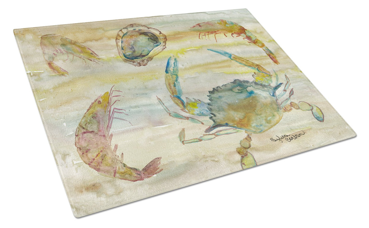 Crab, Shrimp, Oyster Yellow Sky Cutting Board Tempered Glass Kitchen Cutting Surface, Heat Resistant Chopping, Non-Slip Feet, Food Prep & Serving