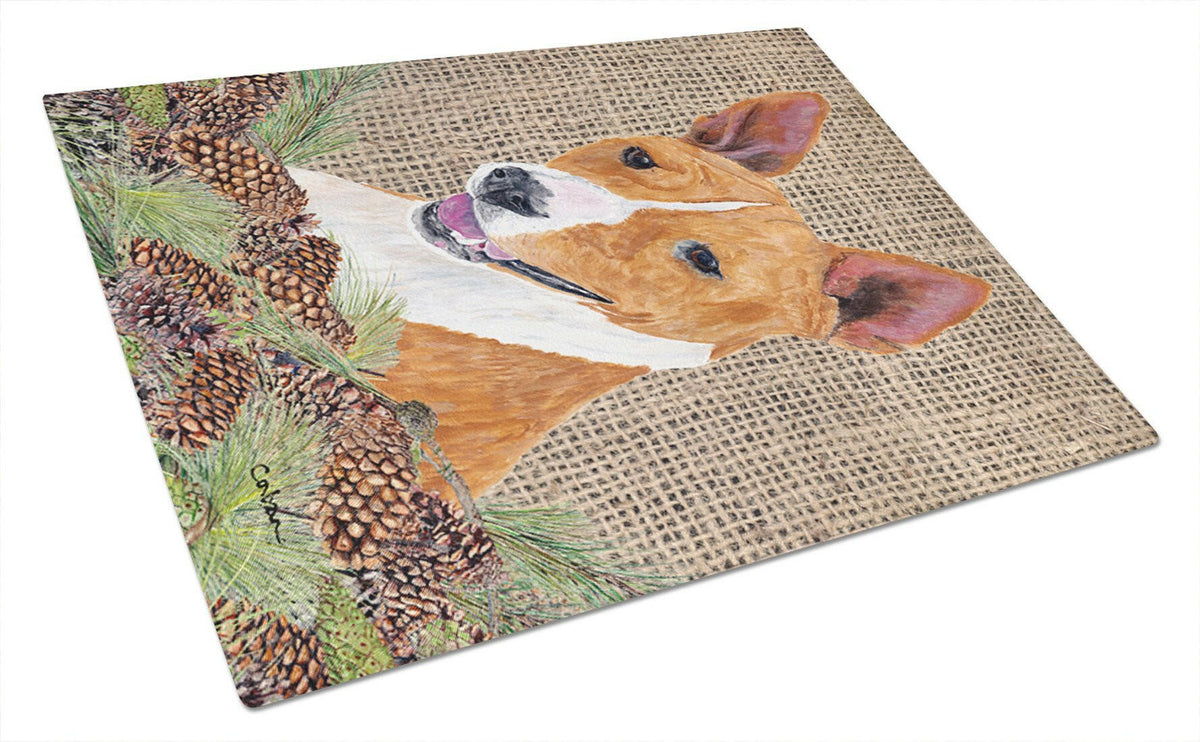 Basenji Faux Burlap and Pine cones Cutting Board Tempered Glass Kitchen Cutting Surface, Heat Resistant Chopping, Non-Slip Feet, Food Prep & Serving