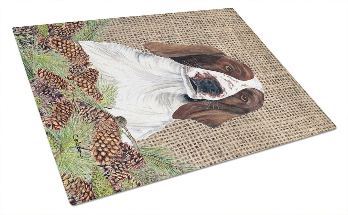 Welsh Springer Spaniel Faux Burlap and Pine cones Cutting Board Tempered Glass Kitchen Cutting Surface, Heat Resistant Chopping, Non-Slip Feet, Food Prep & Serving